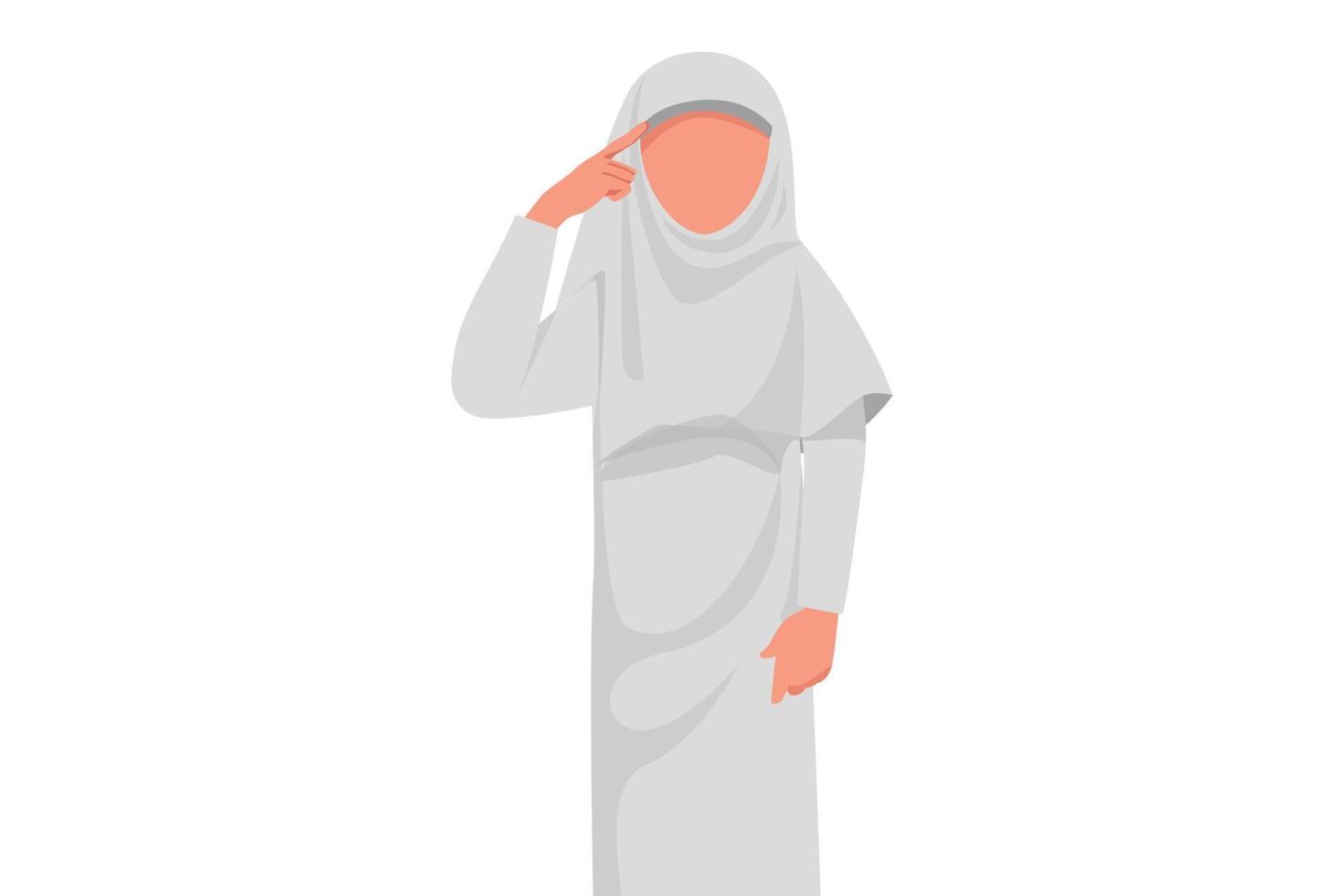 Business flat cartoon style drawing Arab businesswoman touching her temples, get new business idea. Female holding finger on head, thinking and imagine innovation. Graphic design vector illustration