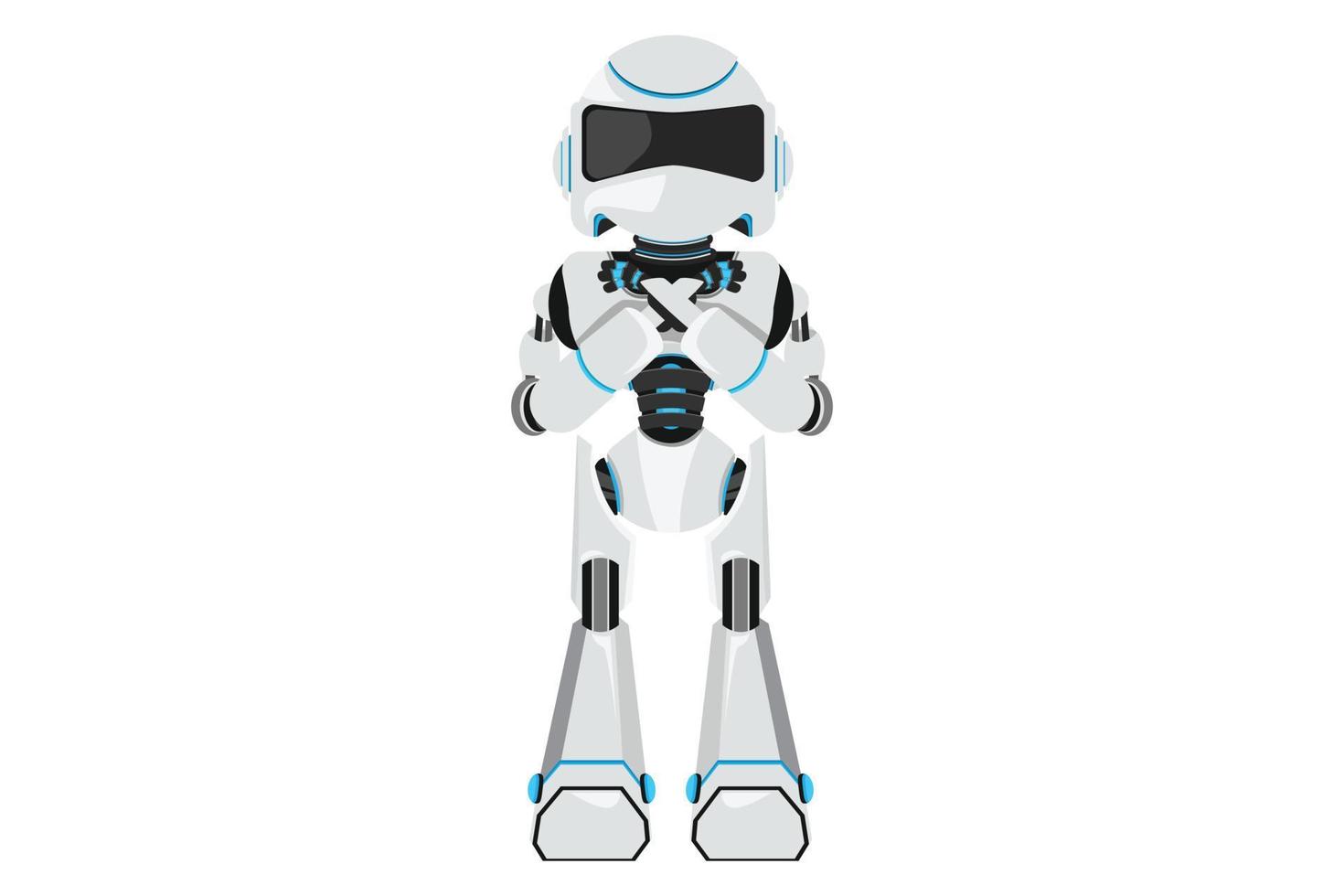 Business design drawing robot crossing arms. Robot making X shape, stop sign with hands and negative expression. Technology development. Artificial intelligence. Flat cartoon style vector illustration