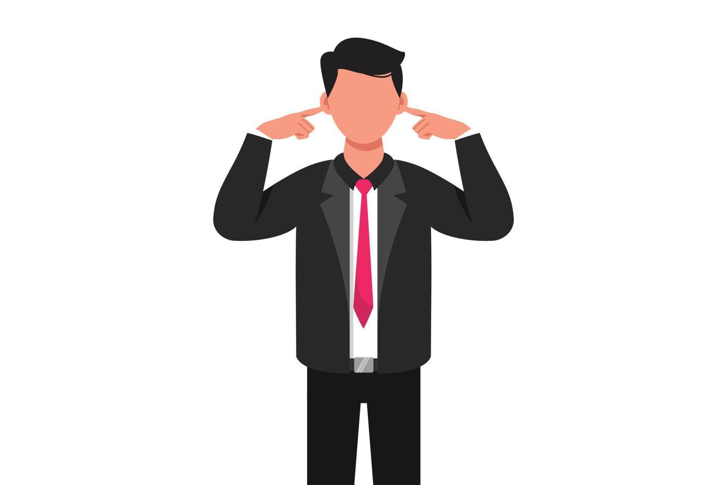 Business flat drawing businessman covering ears with hands. Man plugs ears with his fingers. Fear of loud sounds and unpleasant loud noise. Human emotion concept. Cartoon design vector illustration