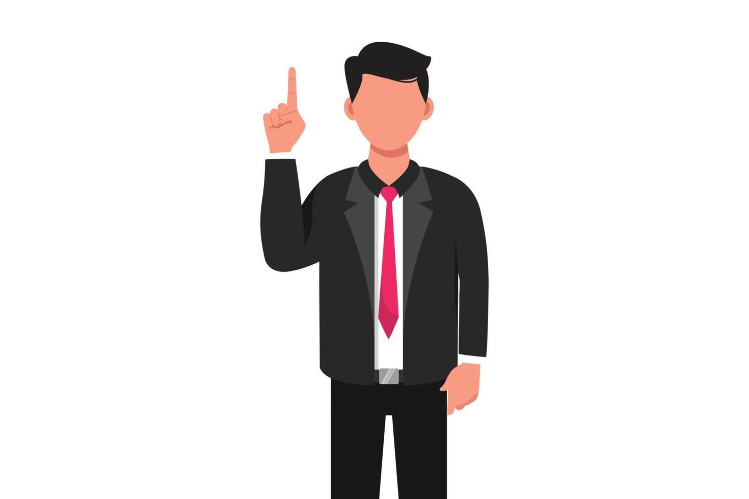 Business flat cartoon style drawing happy businessman pointing index finger up gesture. Male manager raising or lifting hand to upward. Emotion and body language. Graphic design vector illustration