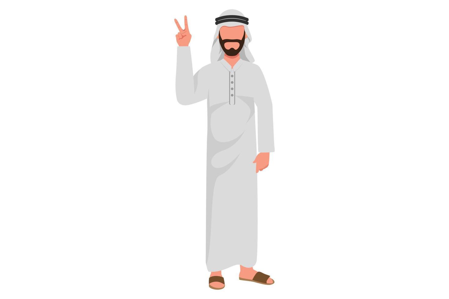 dibujo plano de negocios joven hombre de negocios árabe que muestra gesto de paz con el dedo. personaje masculino con signo de victoria. expresión de sentimientos y emociones. lenguaje corporal. ilustración vectorial de diseño de dibujos animados vector