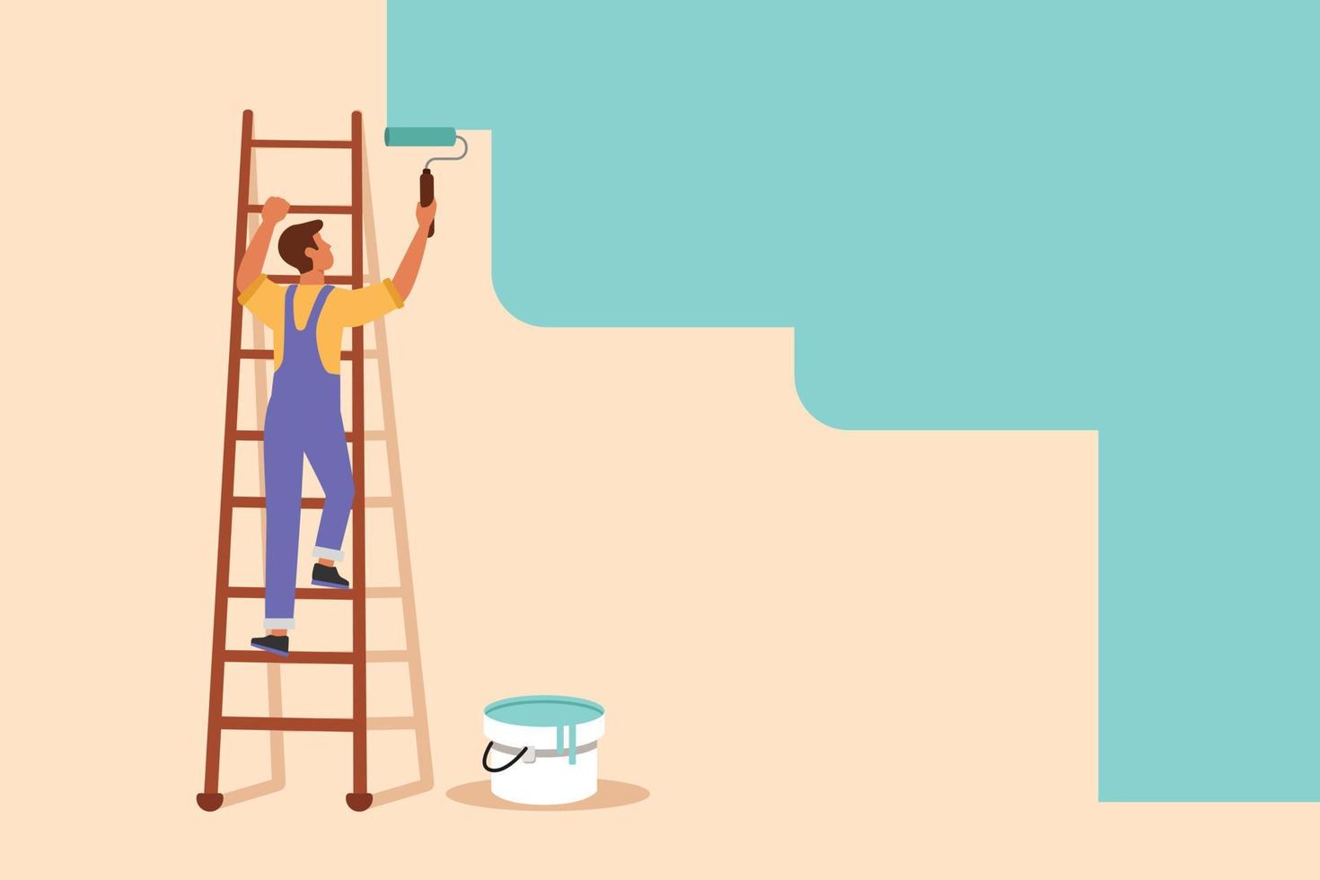 Business design drawing painter standing on ladder paints wall. Handyman holding paint roller. Repairman provide home construction work. Worker in overalls. Flat cartoon style vector illustration