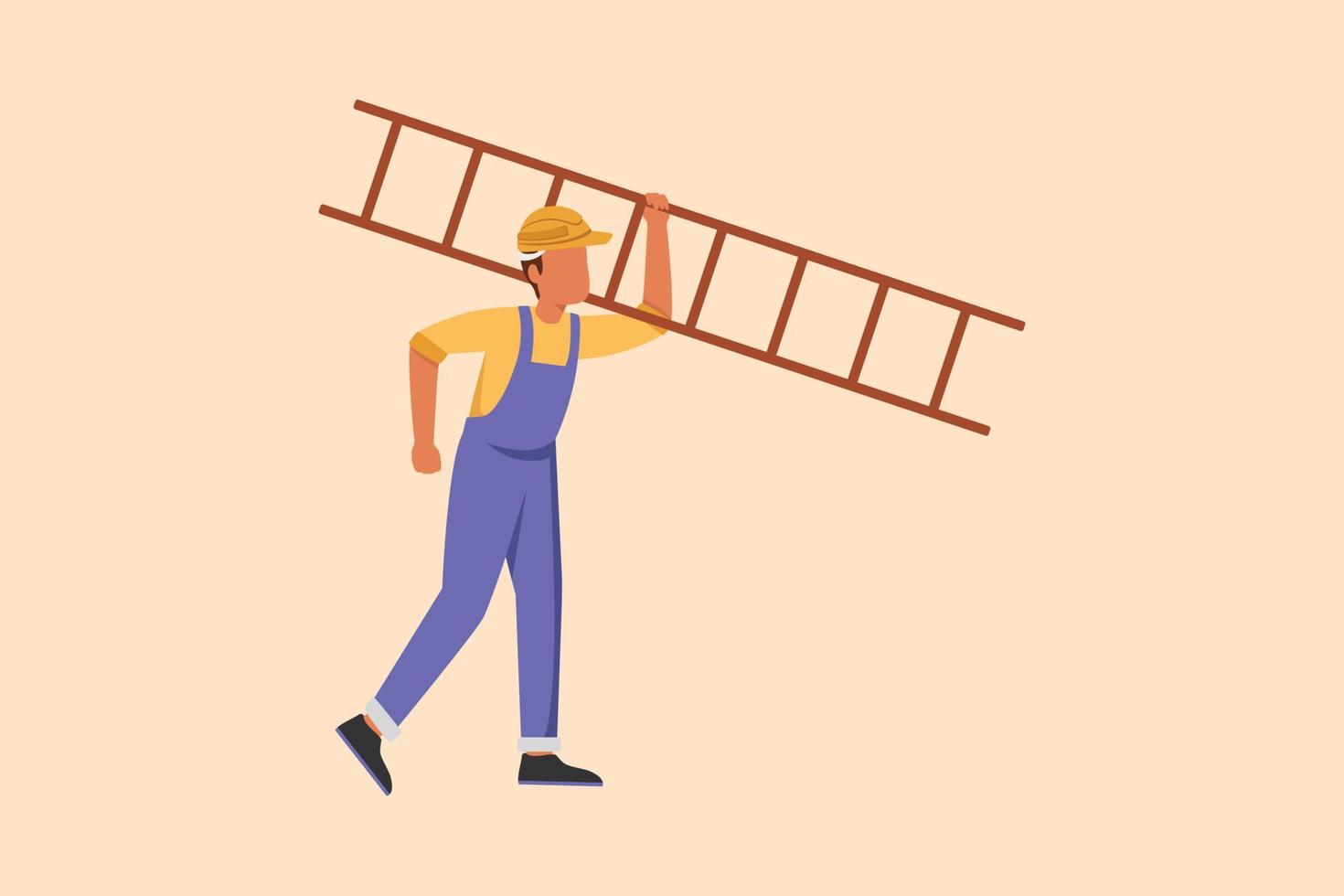 Business design drawing repairman with ladder. Handyman working on call. Carpenter handle activity on renovation home. Hard labor job. Painter worker handy man. Flat cartoon style vector illustration