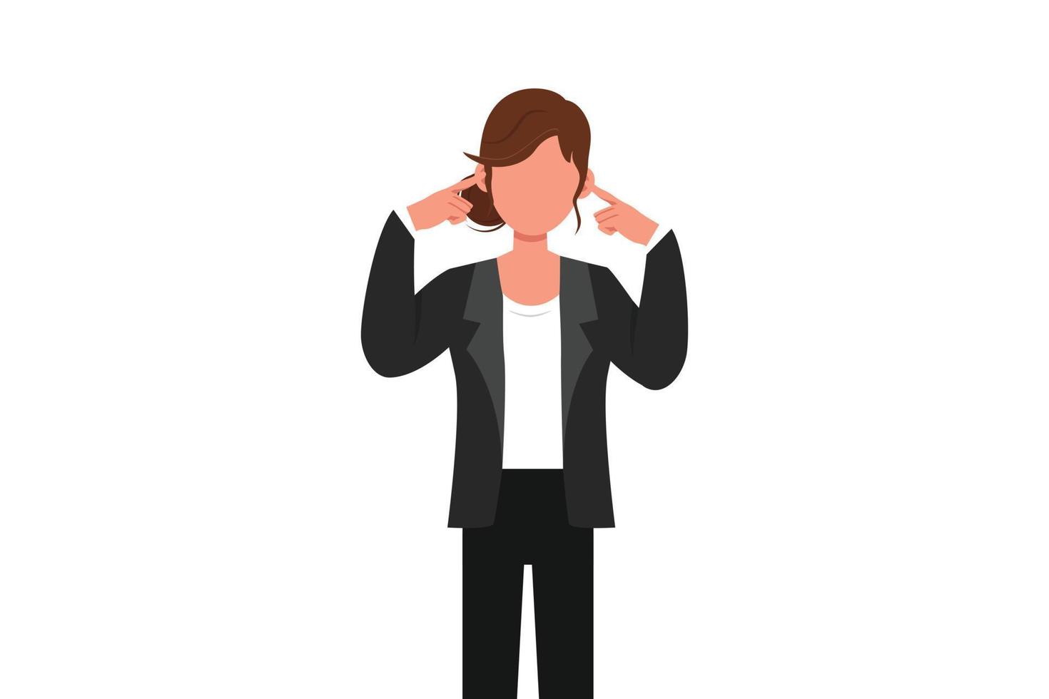 Business design drawing young businesswoman covering ears with fingers with annoyed expression for the noise of loud sound or music while eyes closed. Flat cartoon style graphic vector illustration
