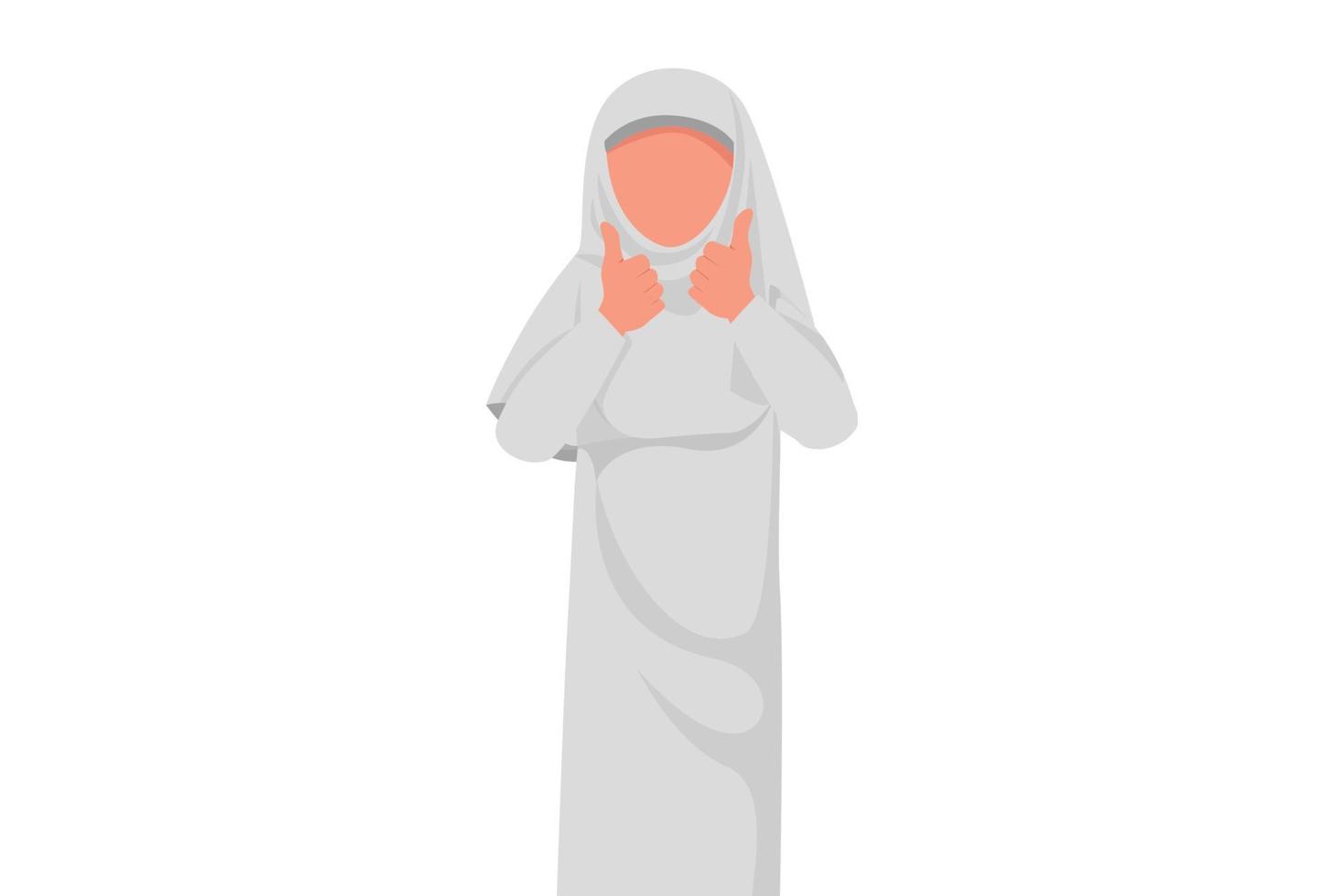 Business flat cartoon style drawing Arab businesswoman with two thumbs up gesture. Symbol of approval business financial report. Deal, like, agree, approve, accept. Graphic design vector illustration