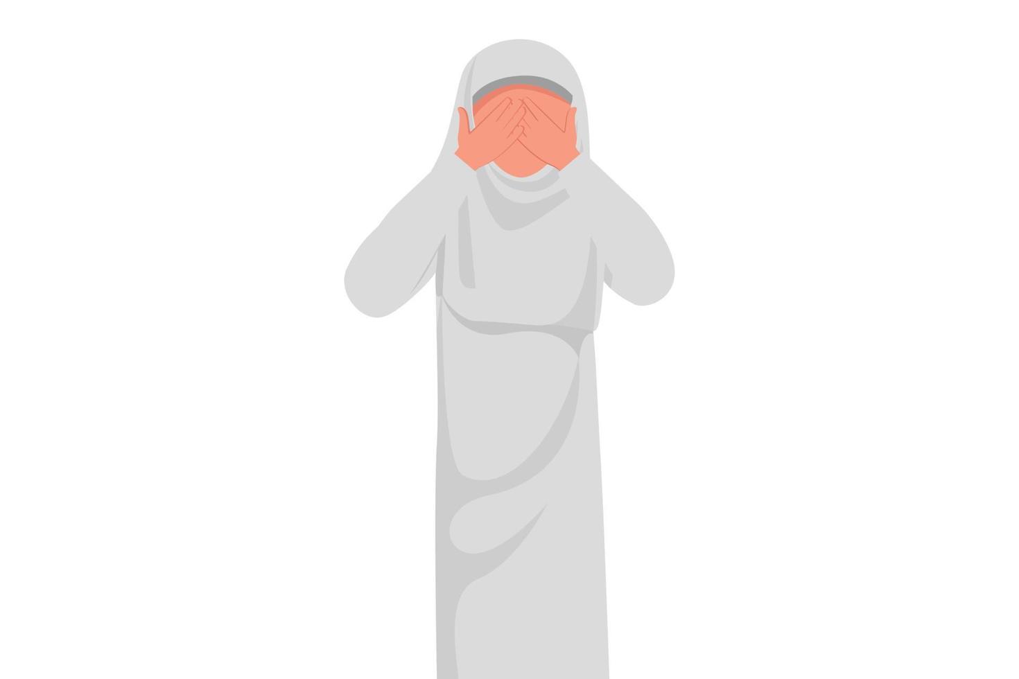 Business design drawing Arabian businesswoman closes her eyes with hands, disgust and reluctance to see something. Fear or sadness, failed of business project. Flat cartoon style vector illustration