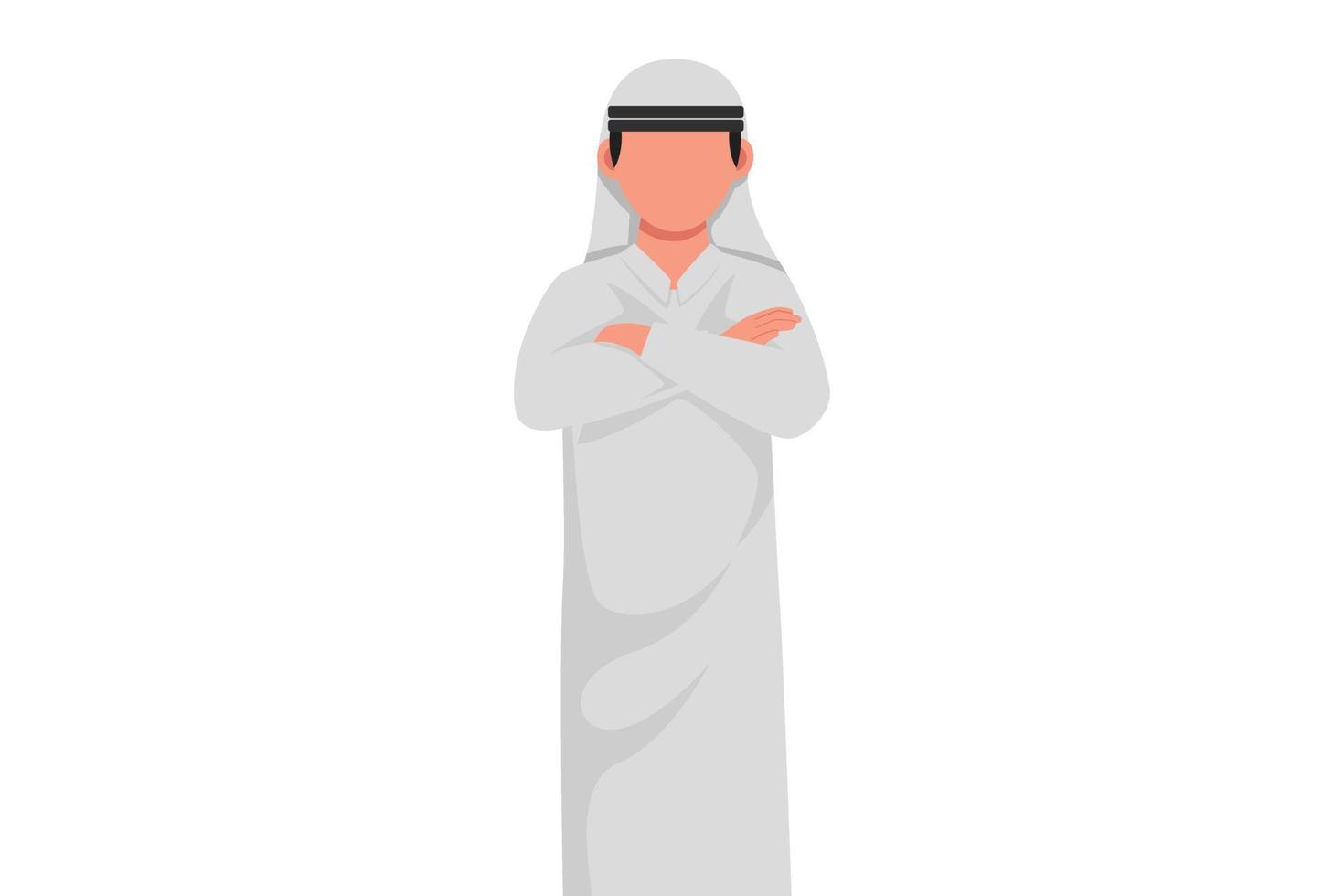 Business design drawing smiling confident young Arab businessman with keeping arms crossed. Active male manager or office worker standing with folded arms pose. Flat cartoon style vector illustration