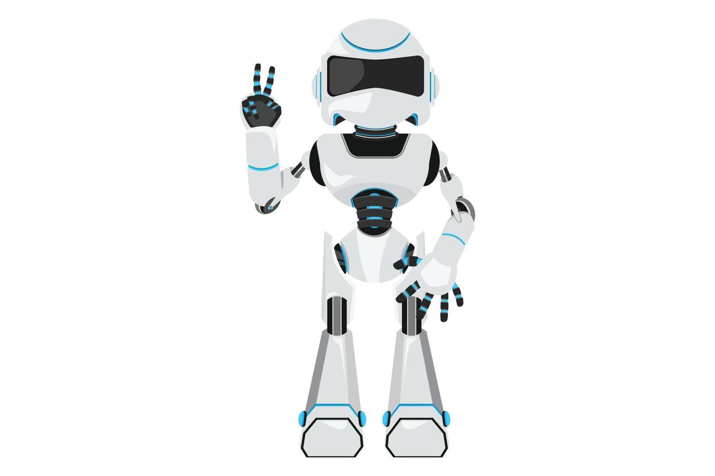 Business design drawing robot showing victory sign. Symbol of success and peace. Future technology development. Artificial intelligence and machine learning. Flat cartoon style vector illustration