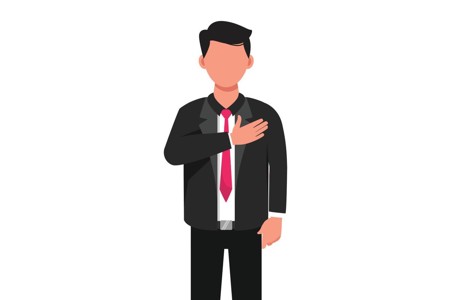 Business flat drawing pleasant looking kind businessman keep hand on chest, expresses gratitude, being thankful for help and support, showing heart filled with love. Cartoon design vector illustration