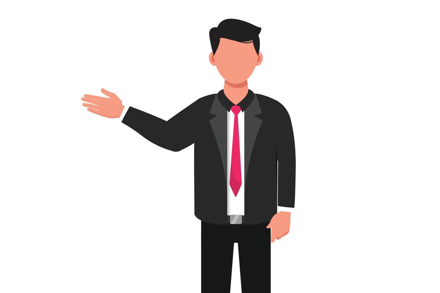 Business design drawing young businessman points with his hand to present something. Confident male manager presentation, demonstrating, introducing something. Flat cartoon style vector illustration