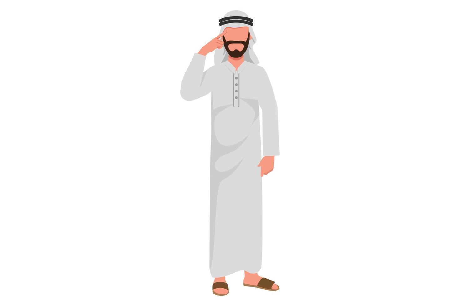 Business flat drawing young Arabian businessman holding or touching finger on forehead. Thoughtful male manager thinking and looking up. Modern lifestyle concept. Cartoon design vector illustration