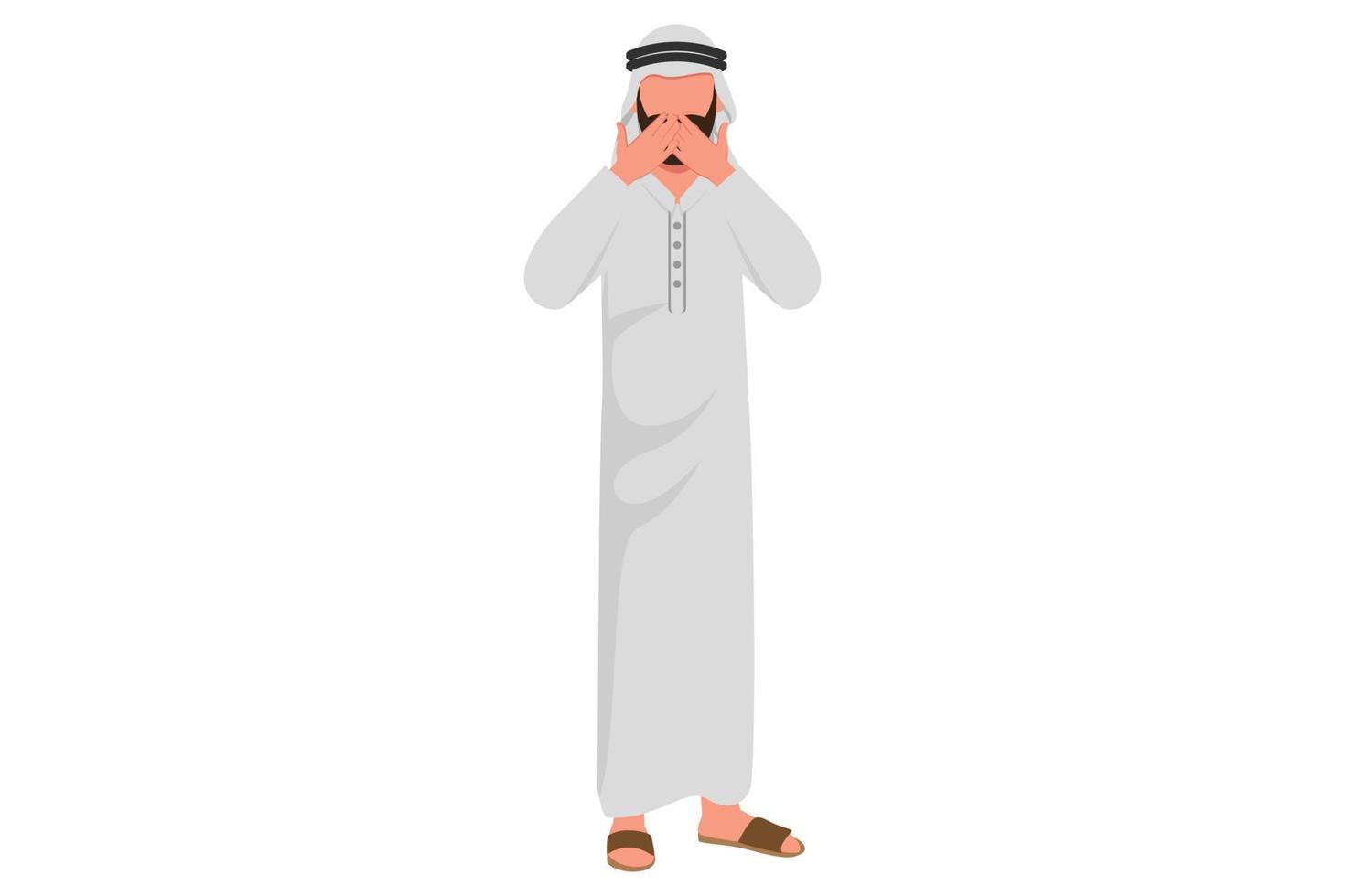 Business flat drawing Arabian businessman keep secret be quiet. Keeping mouth shut. Shocked man covering mouth with both hands. Male worker covering mouth with hand. Cartoon design vector illustration