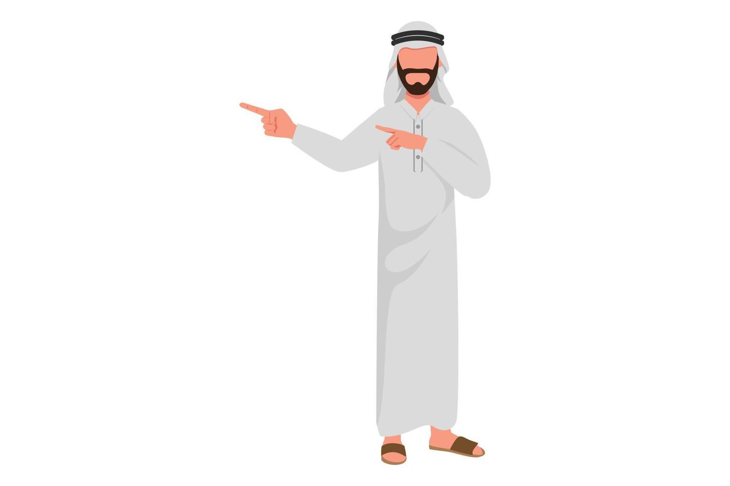 Business design drawing Arab businessman pointing away hands together, showing or presenting something while standing and smiling. Office worker present product. Flat cartoon style vector illustration
