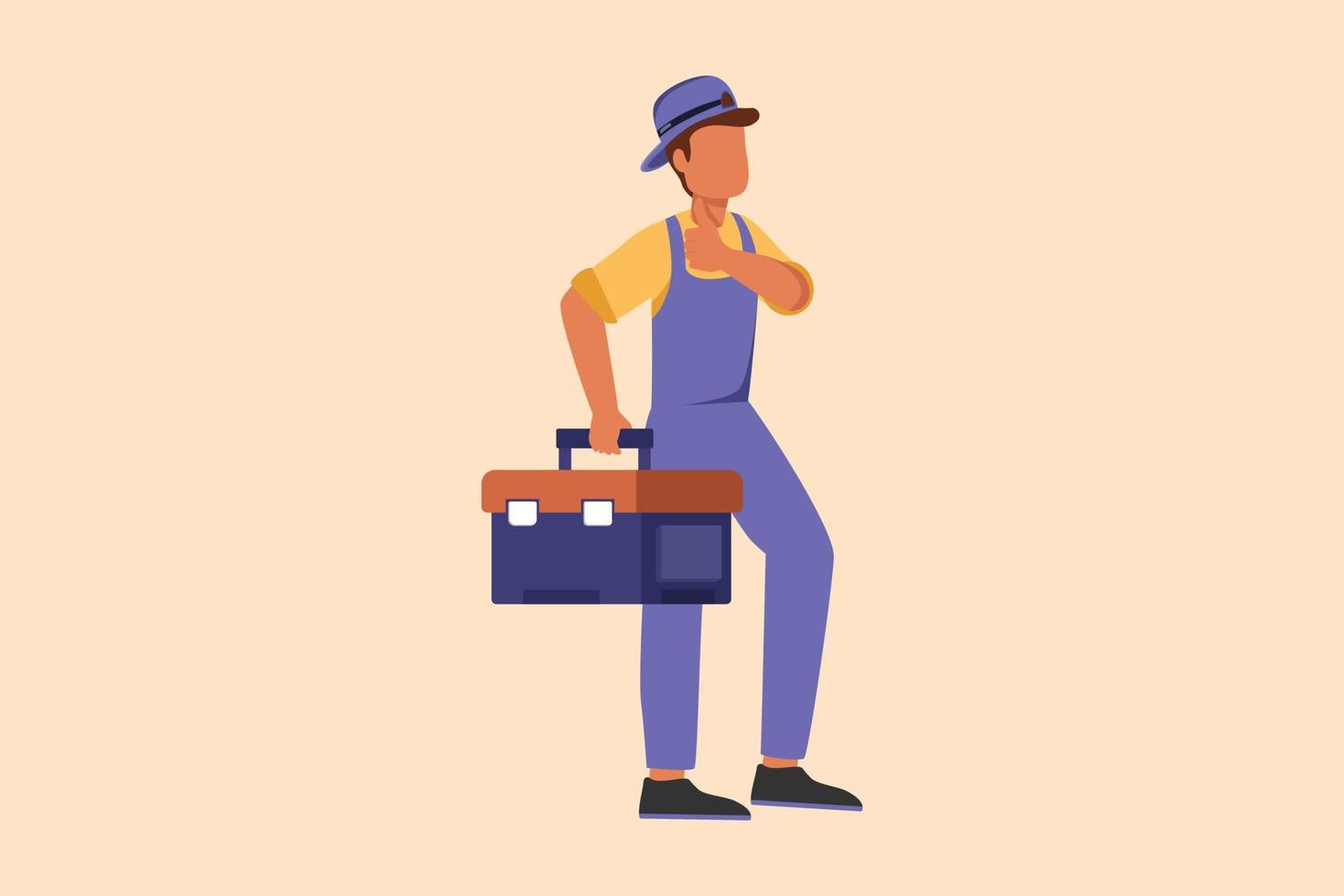 Business design drawing handyman plumber standing and holding tools box in hands. Professional repairman in overalls ready for work. Home decoration services. Flat cartoon style vector illustration