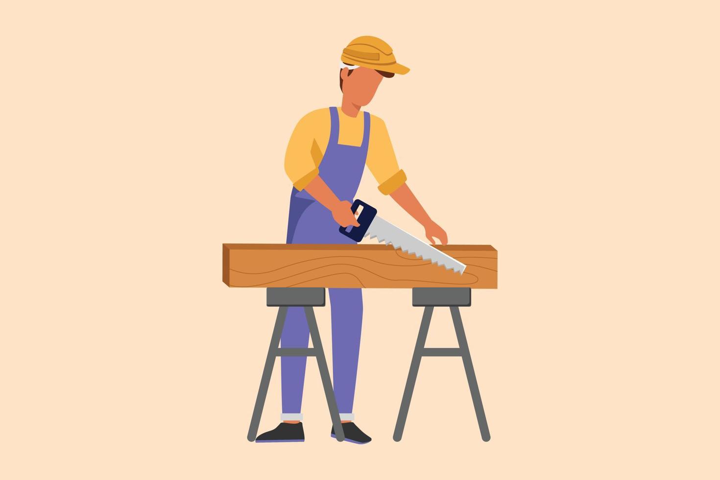 Business flat drawing builder or carpenter repairman sawing boards. Building, construction and repair work services. Real estate, housing. Business timber concept. Cartoon design vector illustration