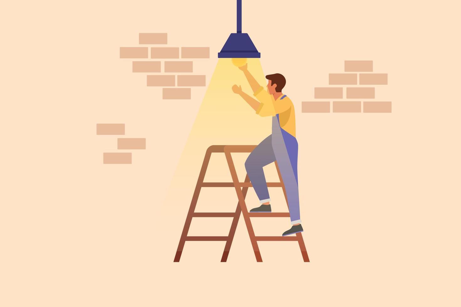 Business flat drawing worker electrician standing on ladder change light bulb. Professional repairman in overalls and helmet working. Electricity reparation concept. Cartoon design vector illustration