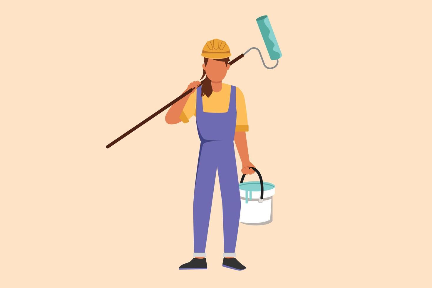 Business flat drawing cute handywoman or painter standing with bucket and paint roller. Professional repairwoman in overalls working on apartment or home renovation. Cartoon design vector illustration