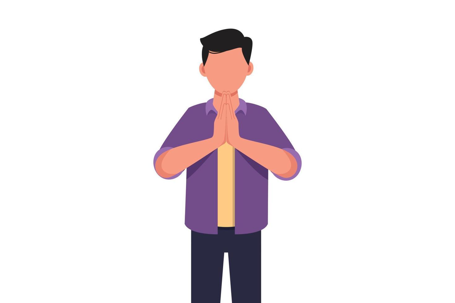 Business concept design young businessman in closed eyes praying hands together. Trendy person holding palms in prayer. Human emotion, body language gesture. Vector illustration flat cartoon style