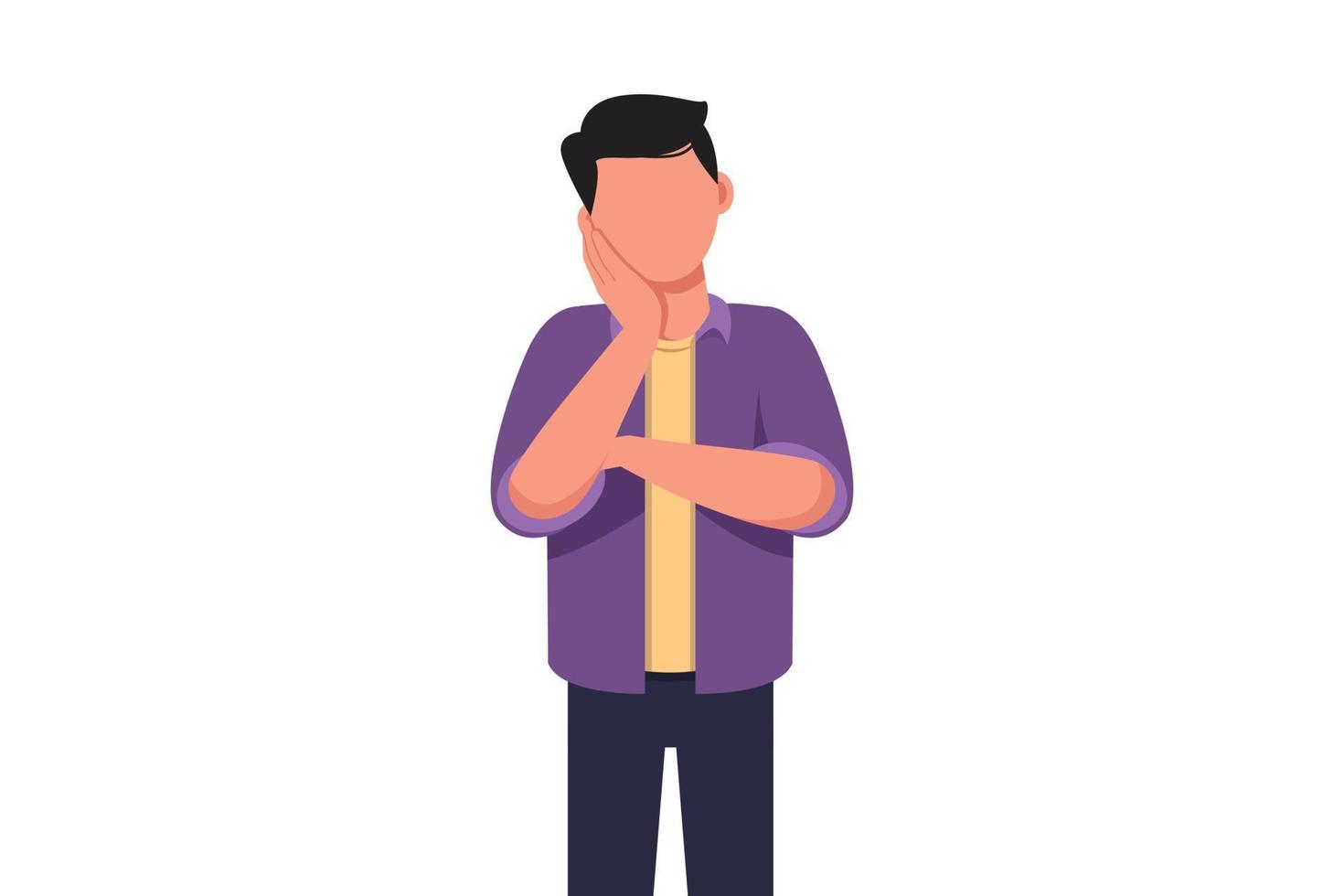 Business concept flat style of young businessman holding hand on cheek with crossed hand. Bored or tired person keeping hand on face. Male suffering from toothache. Graphic design vector illustration