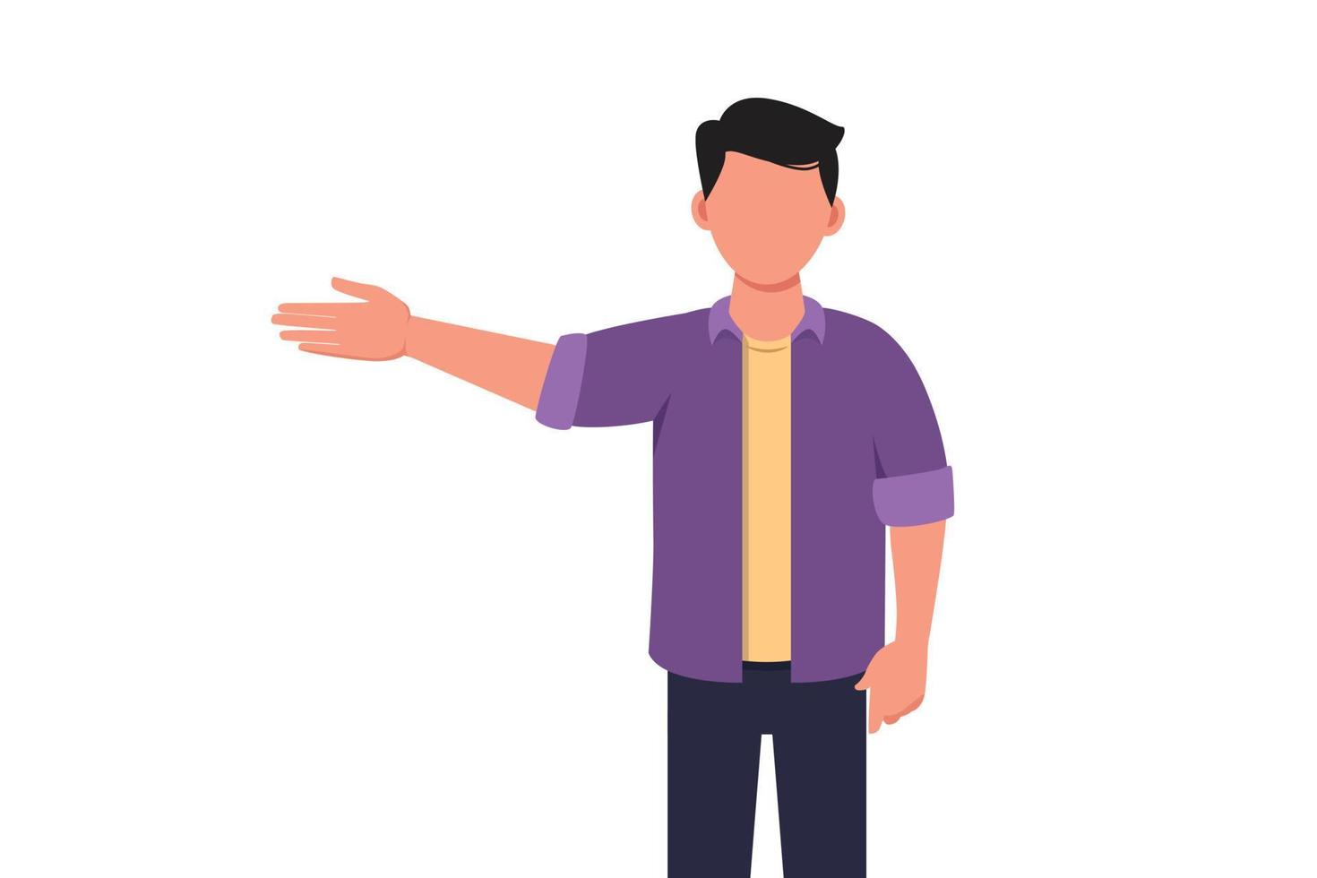 Business concept design drawing of handsome businessman in casual clothes presenting something. Young male manager showing something or presenting project. Vector illustration draw flat cartoon style
