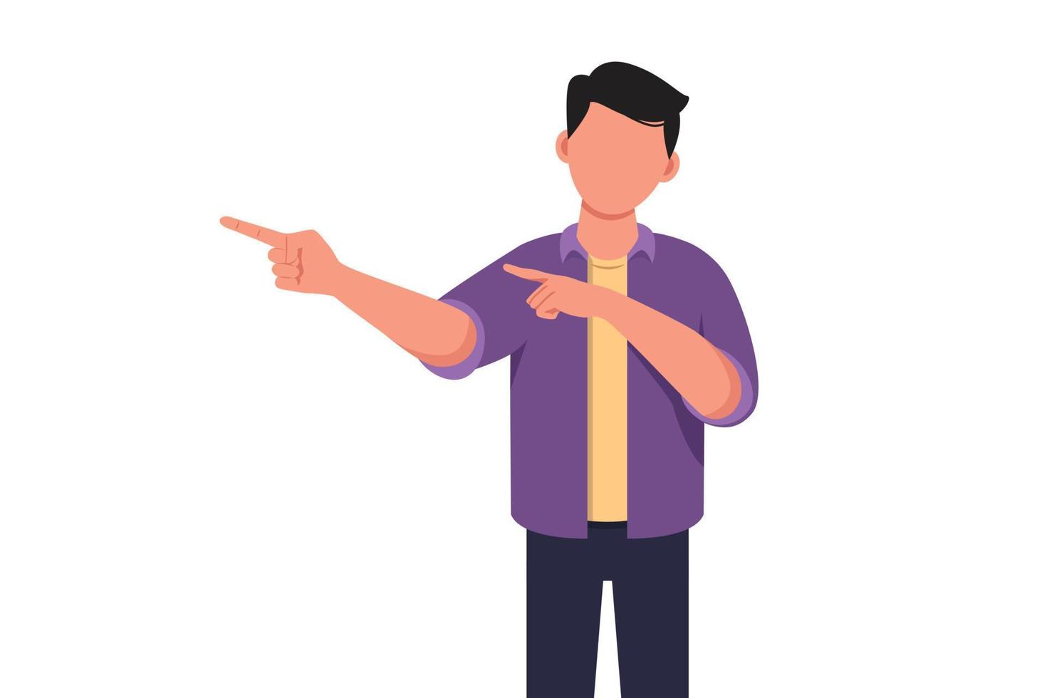 Business flat drawing young businessman pointing away hands together and showing or presenting something while standing and smiling. Emotion and body language. Cartoon style design vector illustration