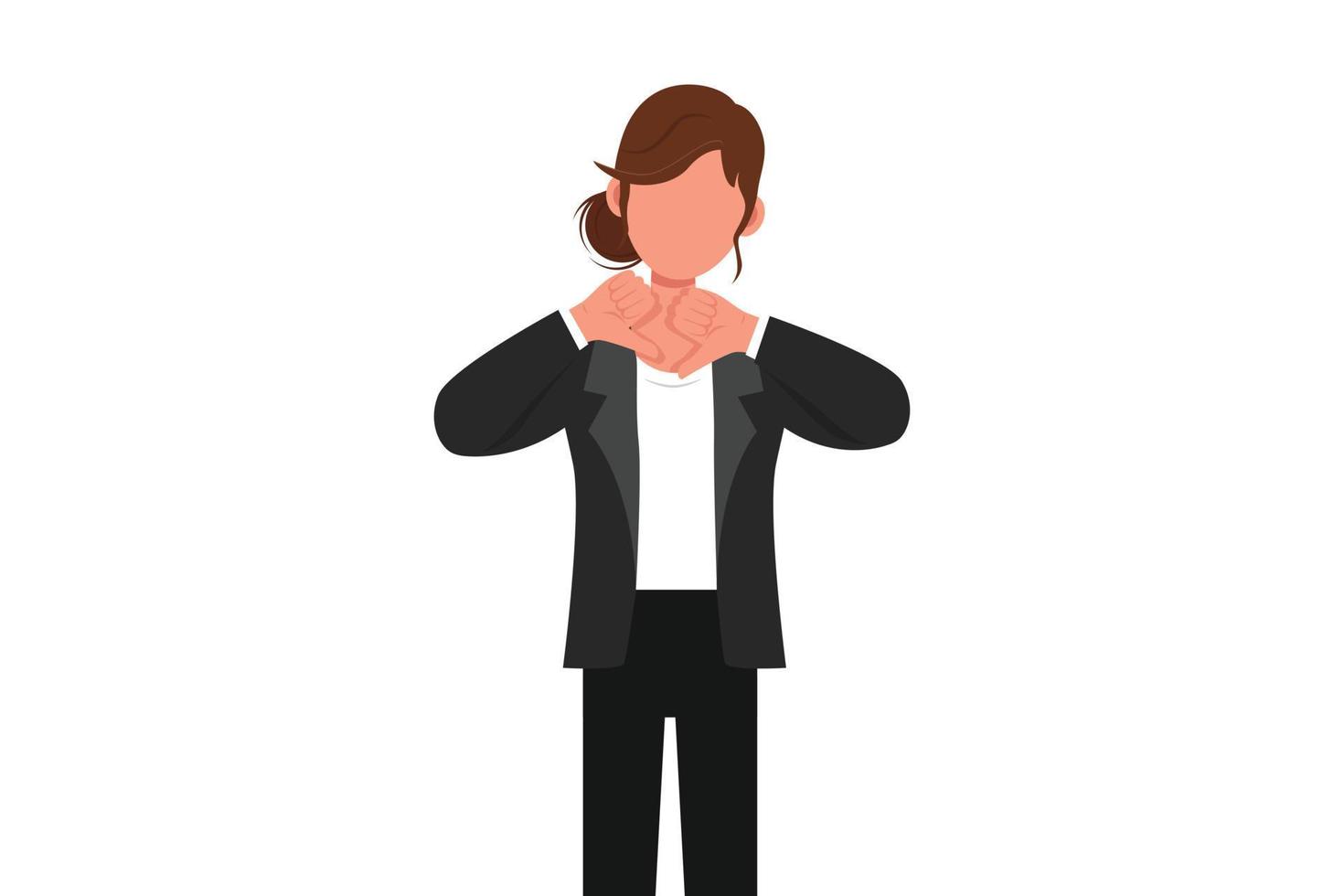 Business flat cartoon style drawing unhappy businesswoman showing thumbs down sign gesture. Dislike, disagree, disappointment, disapprove, no deal. Emotion person. Graphic design vector illustration
