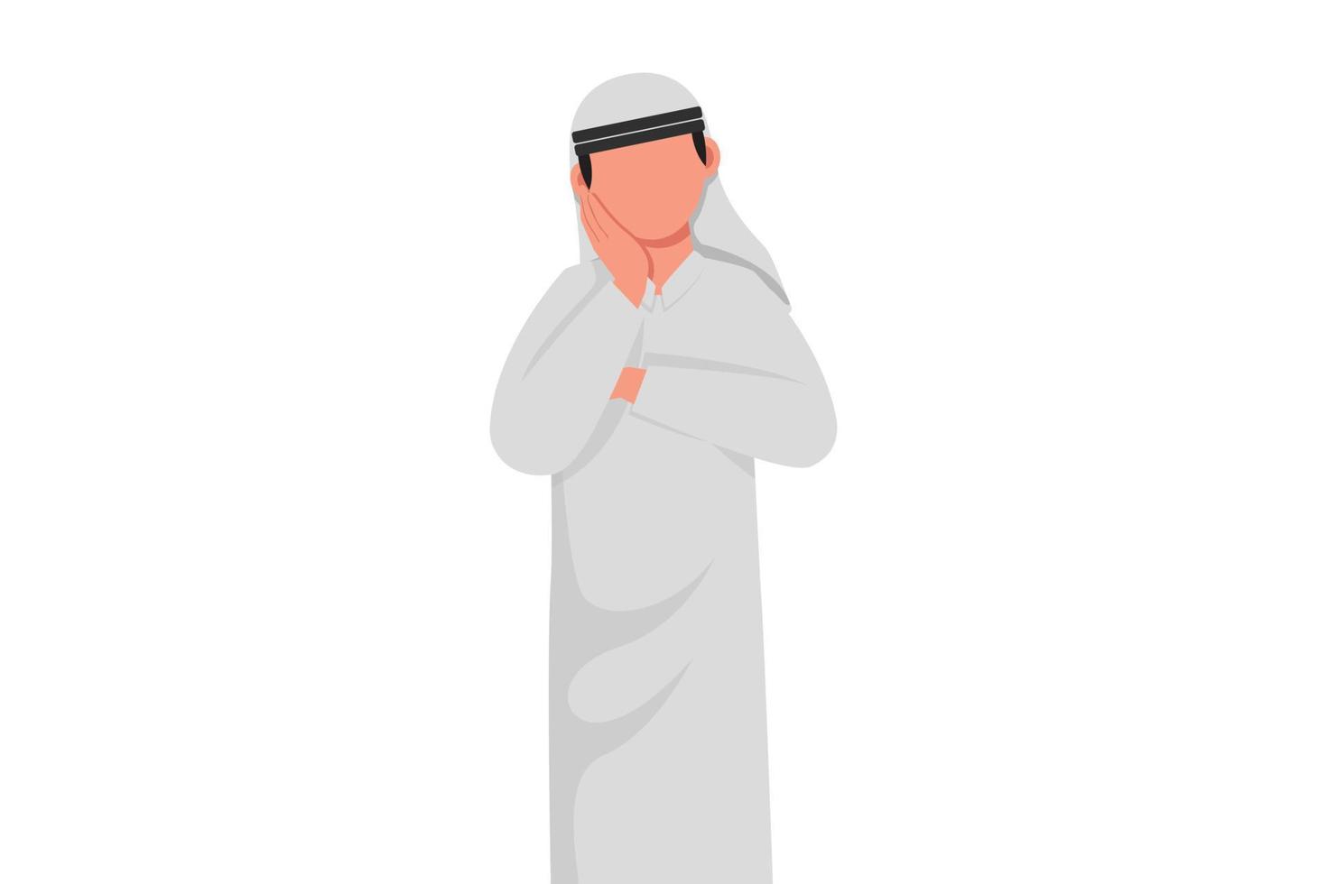 Business design drawing Arabian businessman holding hand on cheek with crossed hand. Bored or tired person keeping hand on face. Male suffering from toothache. Flat cartoon style vector illustration