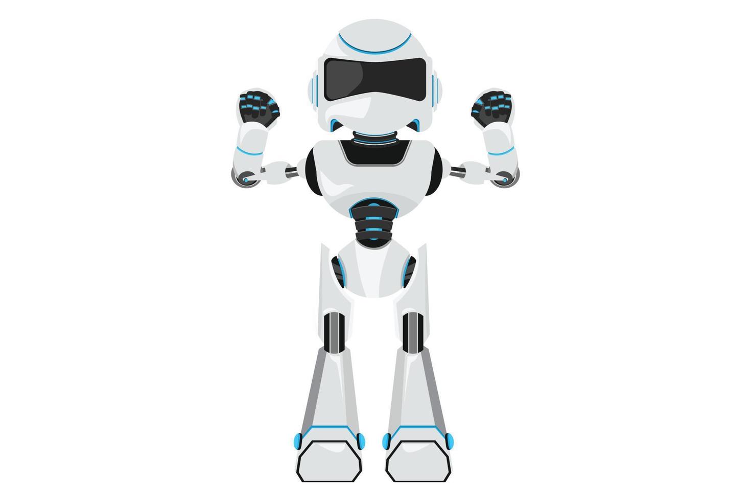 Business design drawing robot stands in strong pose. Robot with gestures two hand fist up. Humanoid robot cybernetic organism. Future robotic tech development. Flat cartoon style vector illustration