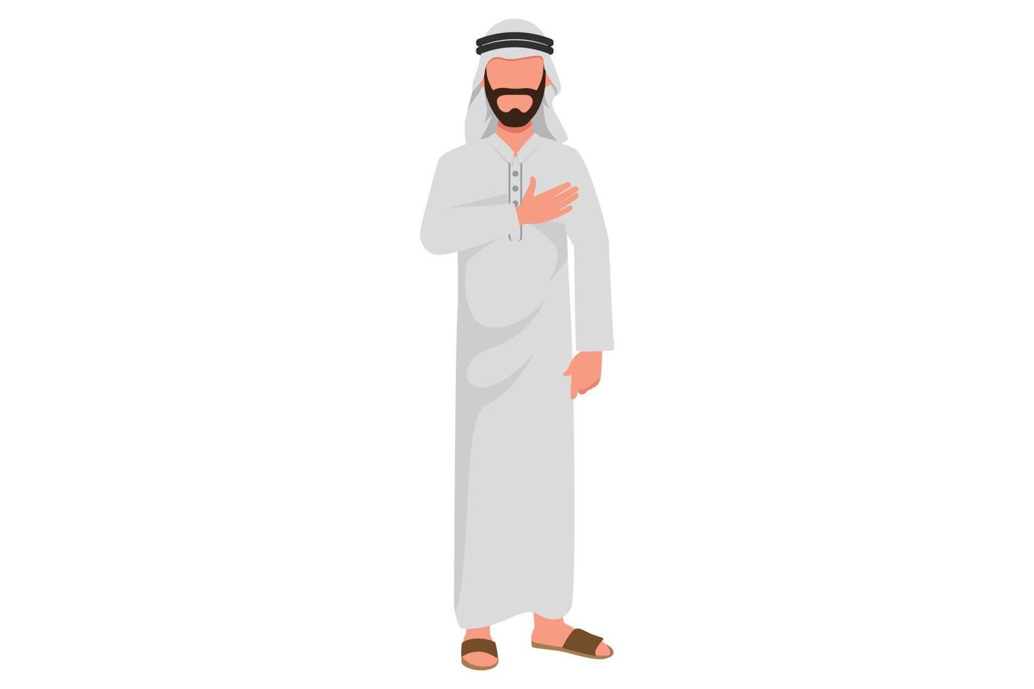Business flat cartoon style drawing pleasant Arab businessman keep hand on chest, expresses gratitude, thankful for help and support, showing heart filled with love. Graphic design vector illustration