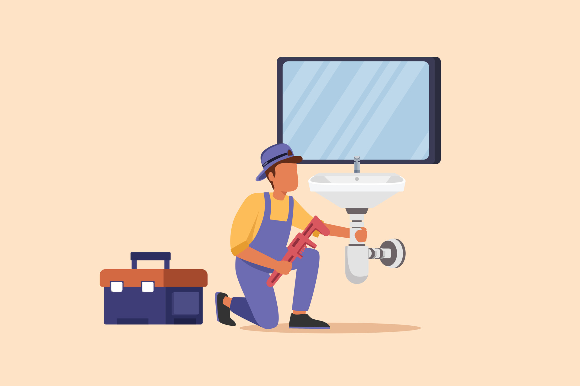 Business design drawing repairman or plumber repairs sink in bathroom