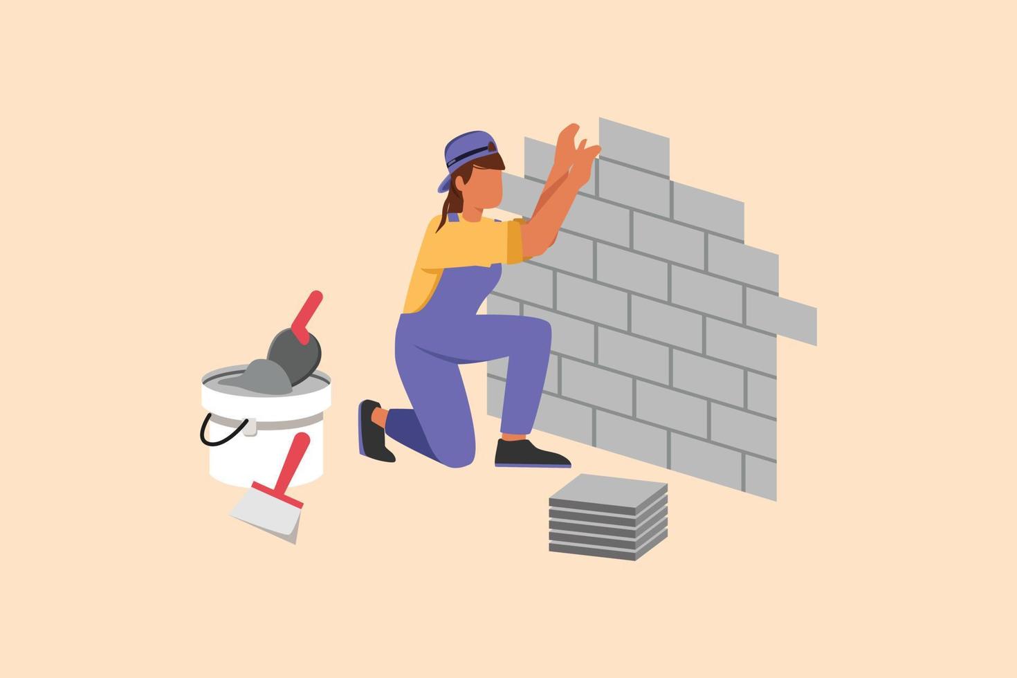 Business flat cartoon style drawing repair worker laying ceramic wall tile. Professional tiler in uniform working. Repairwoman in overalls tiling at home decoration. Graphic design vector illustration