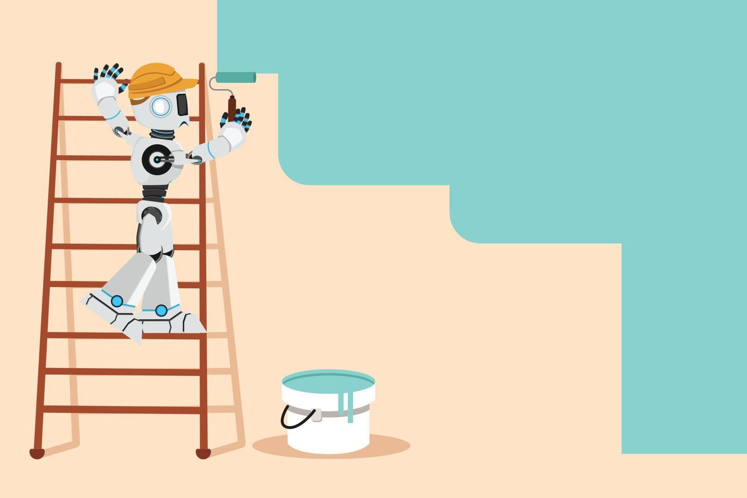 Business flat cartoon style drawing robot painter standing on ladder paints wall. Robotic repairman provide home construction work. Robotic artificial intelligence. Graphic design vector illustration