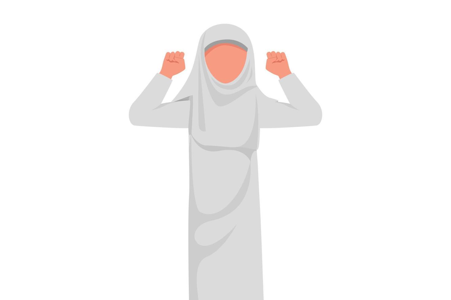 Business flat cartoon style drawing happy Arabian businesswoman with gestures two hand fist up. Strong office worker chasing deadline work. Pursuit achievement goal. Graphic design vector illustration