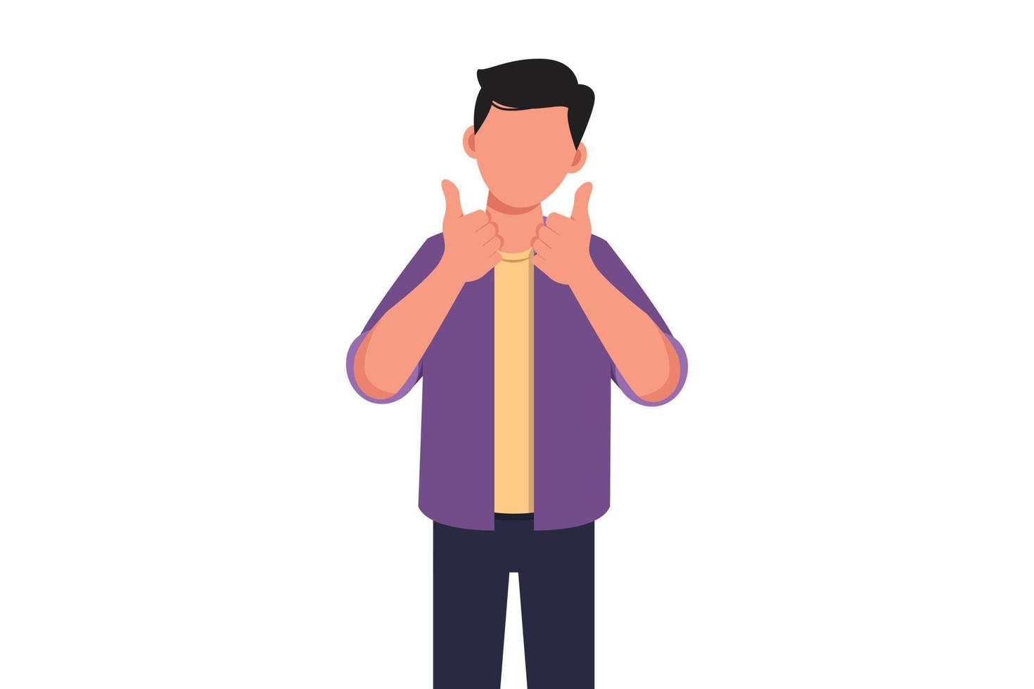 Business flat drawing confident businessman with two thumbs up gesture. Excited male manager dressed casual wear showing thumbs up sign. Deal, like, agree, approve, accept. Cartoon vector illustration