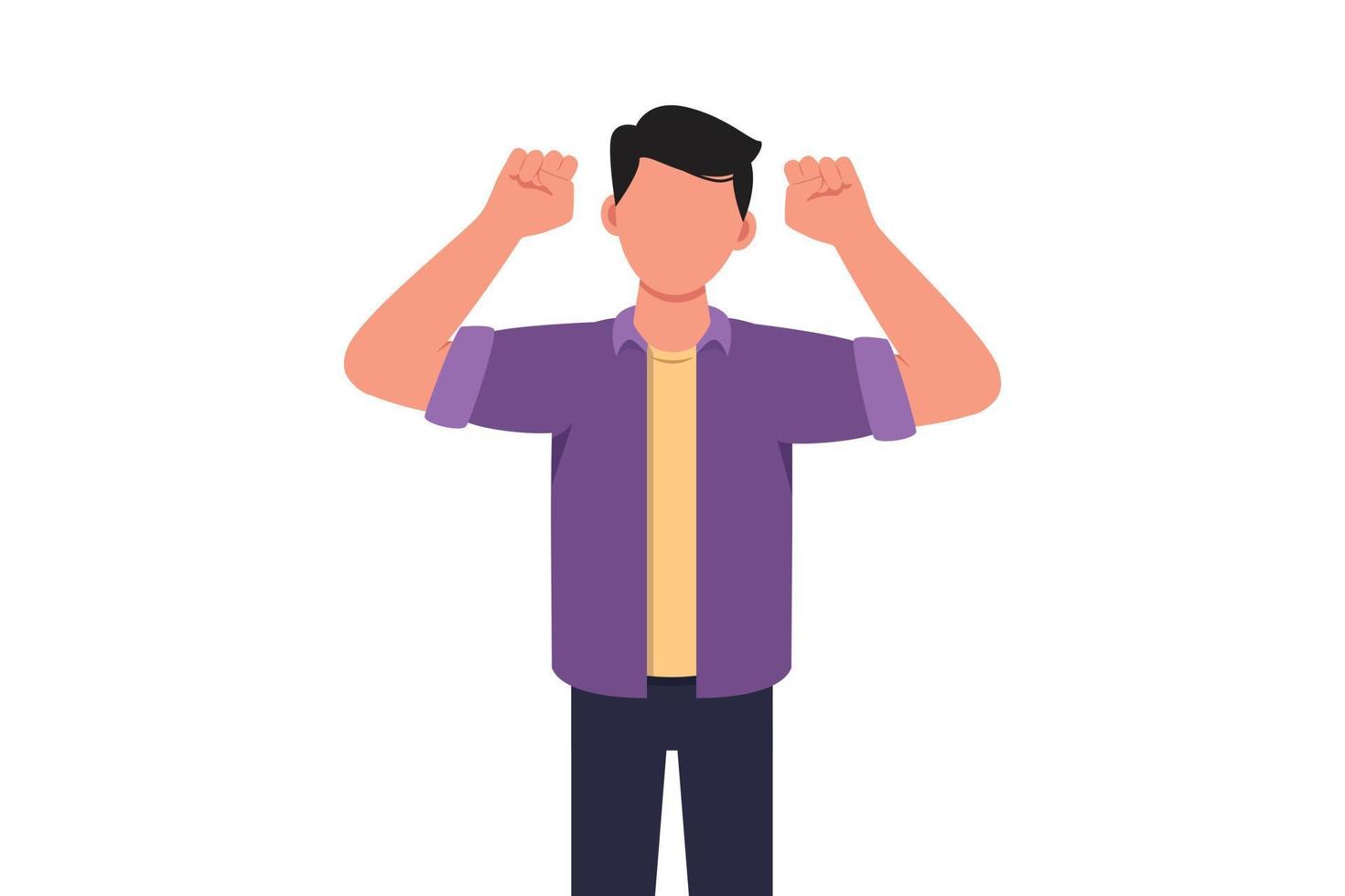 Business concept design happy employee of company stands in strong pose. Young businessman with gestures two hand fist up. Office worker. Achievement concept. Vector illustration flat cartoon style