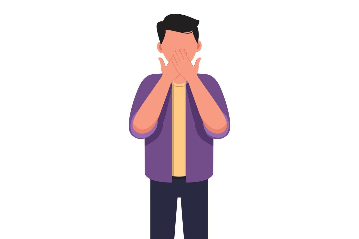 Business concept flat style businessman covering mouth with hands. Male mouth, hand shocked with shame for mistake, expression of fear, scared in silence, secret. Graphic design vector illustration