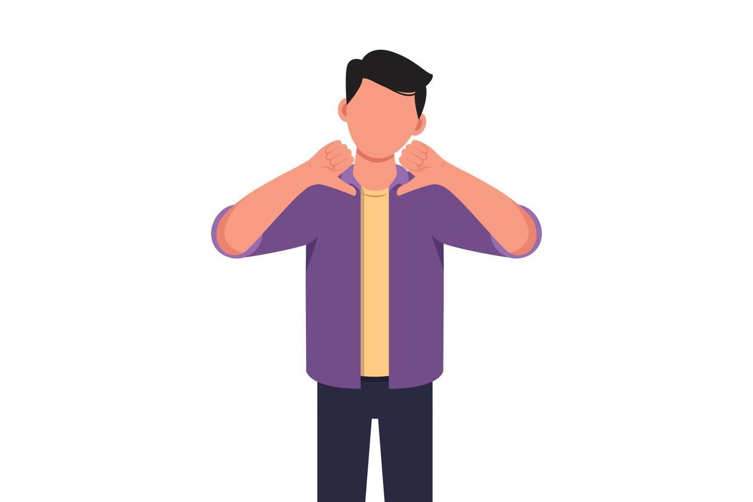 Business flat style unhappy businessman showing thumbs down sign gesture. Dislike, disagree, disappointment, disapprove, no deal. Emotion, body language concept. Graphic design vector illustration