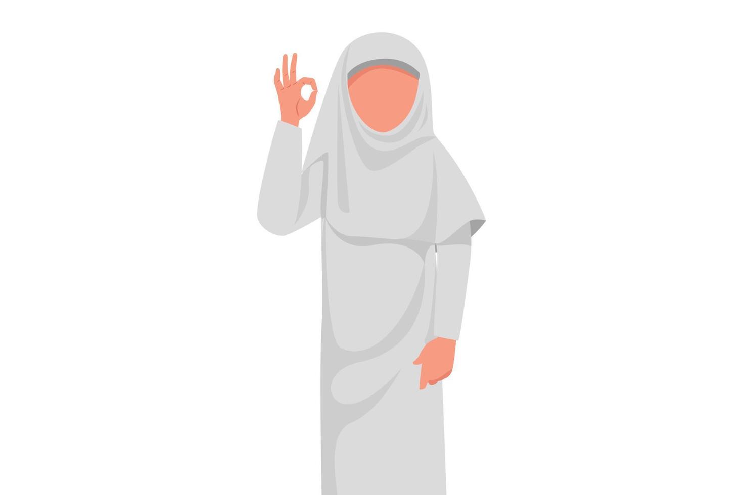 Business design drawing Arab businesswoman gesturing ok sign with fingers. Okay symbol for accepting or approval new business idea or project. Successful worker. Flat cartoon style vector illustration