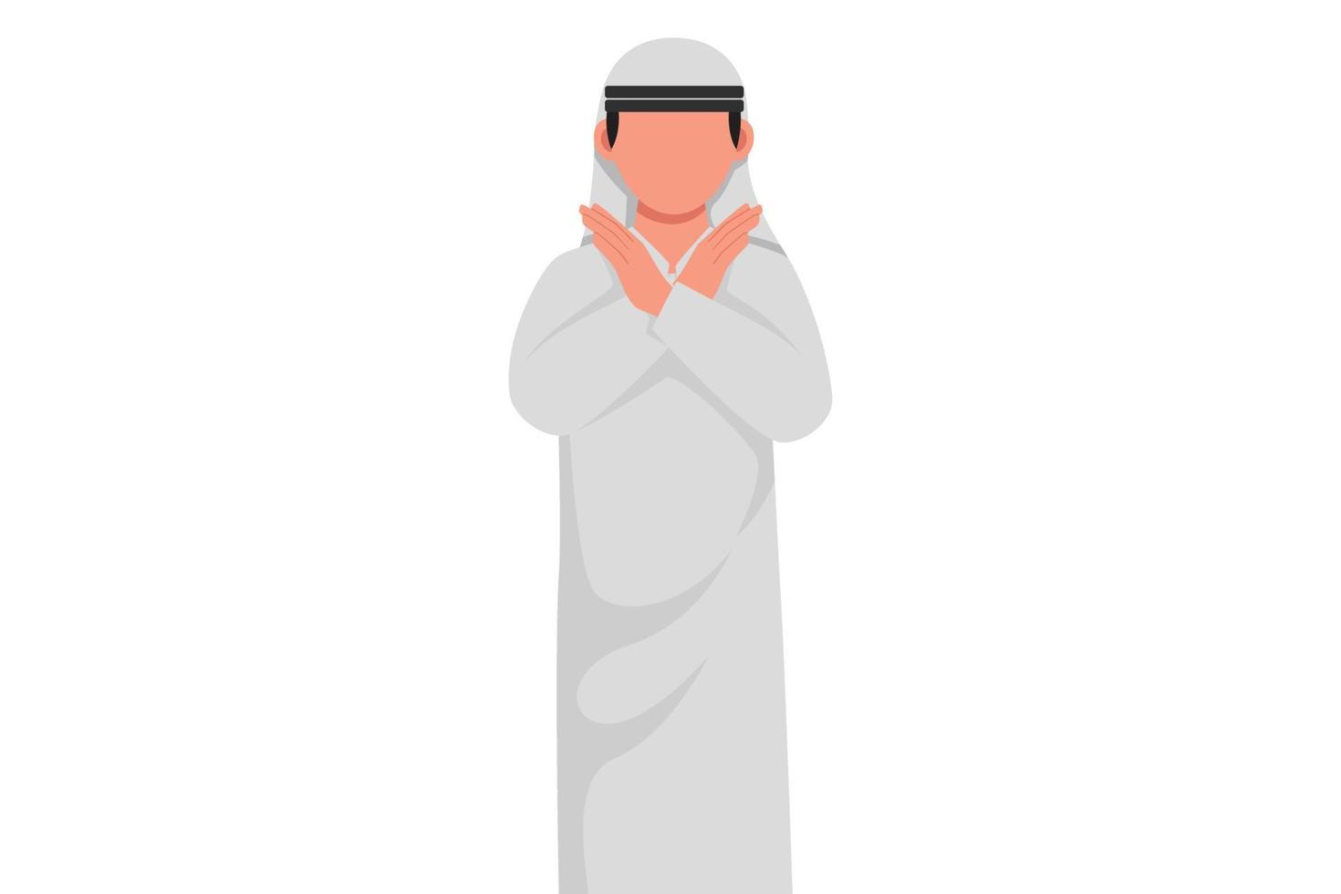 Business flat drawing young Arabian businessman crossing arms and saying no gesture. Person making X shape, stop sign with hands and negative expression. Cartoon style design vector illustration