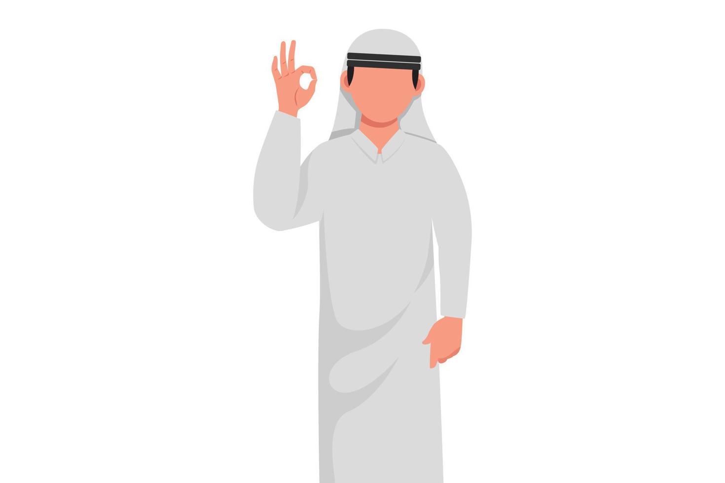 dibujo de estilo de dibujos animados planos de negocios empresario árabe gesticulando signo ok. Ok signo, lenguaje gestual. gerente masculino sonriente de pie mostrando el signo de ok con los dedos. ilustración vectorial de diseño gráfico vector