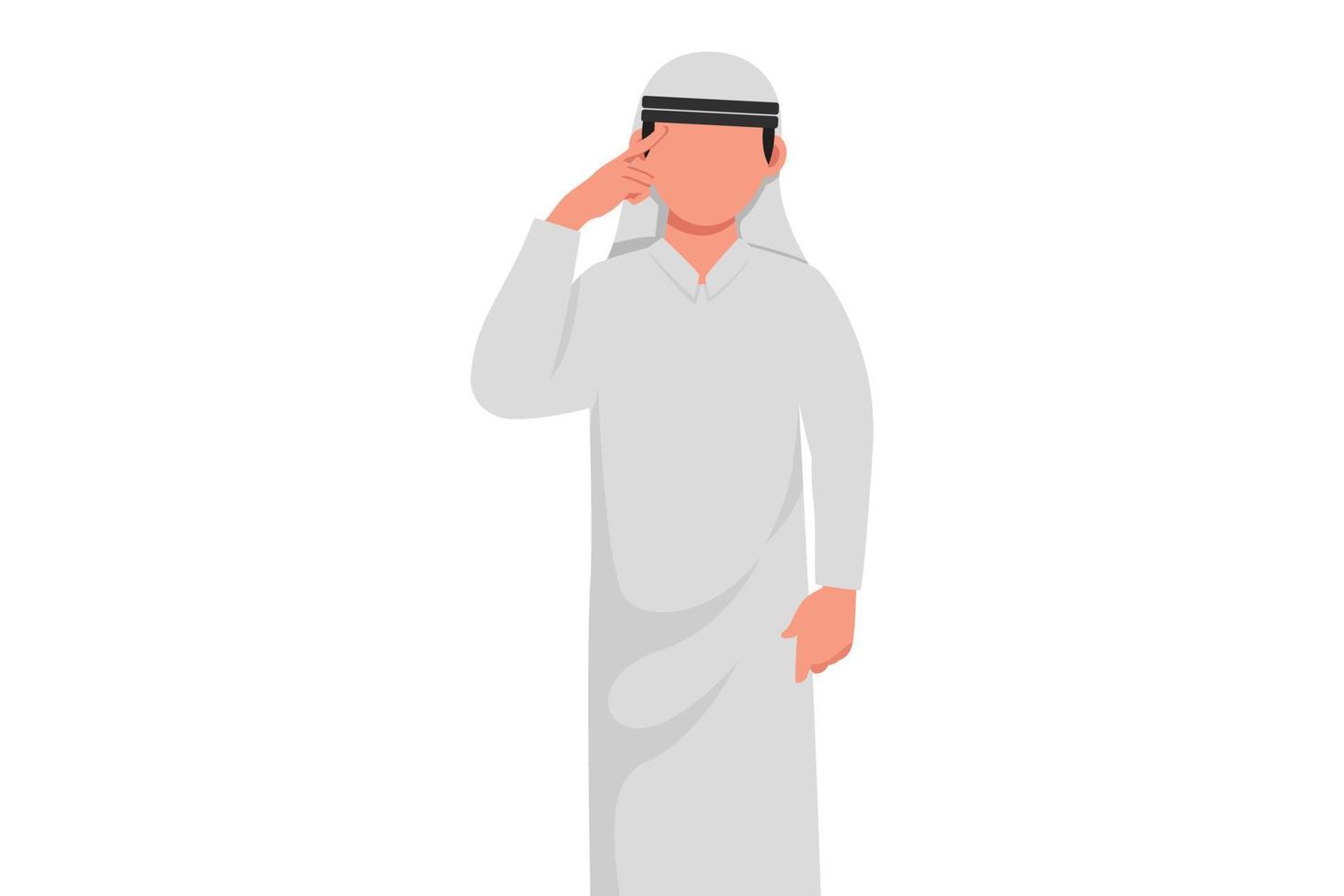 Business design drawing Arab businessman touching his temples, remembering something. Male holding finger on head, feeling tired exhausted, chronic work stress. Flat cartoon style vector illustration