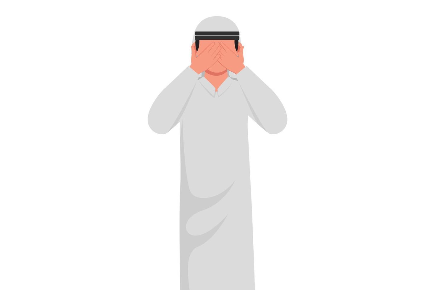 Business flat drawing young Arabian businessman closes his eyes with his hands because of disgust and reluctance to see something, fear or sadness. Hand gesture. Cartoon design vector illustration