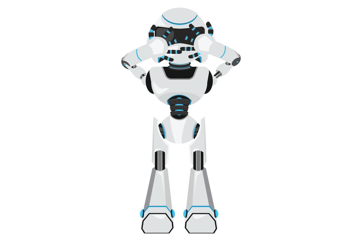 Business flat cartoon drawing robot closes his eyes with hands because of disgust and reluctance to see something, fear or sadness. Robotic artificial intelligence. Graphic design vector illustration