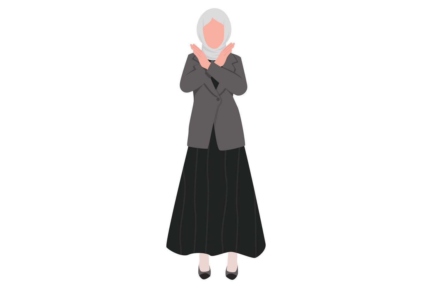 Business flat drawing Arabian businesswoman with crossing arms and saying no gesture. Female manager making X shape, stop sign with hands and negative expression. Cartoon design vector illustration