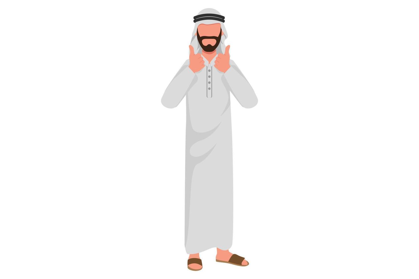 Business design drawing excited Arabian businessman in traditional clothes showing thumbs up sign. Like, agree, approve, accept. Man with two thumbs up gesture. Flat cartoon style vector illustration