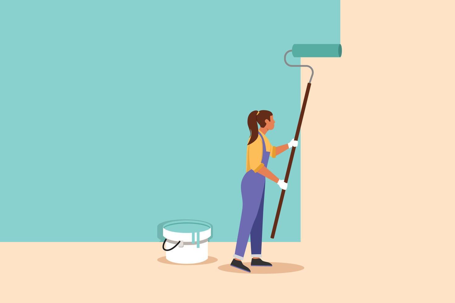 Business flat drawing professional handywoman painting wall with roller. Home repair, decoration, renovation, freshen up. Cute repairwoman painter professional work. Cartoon design vector illustration