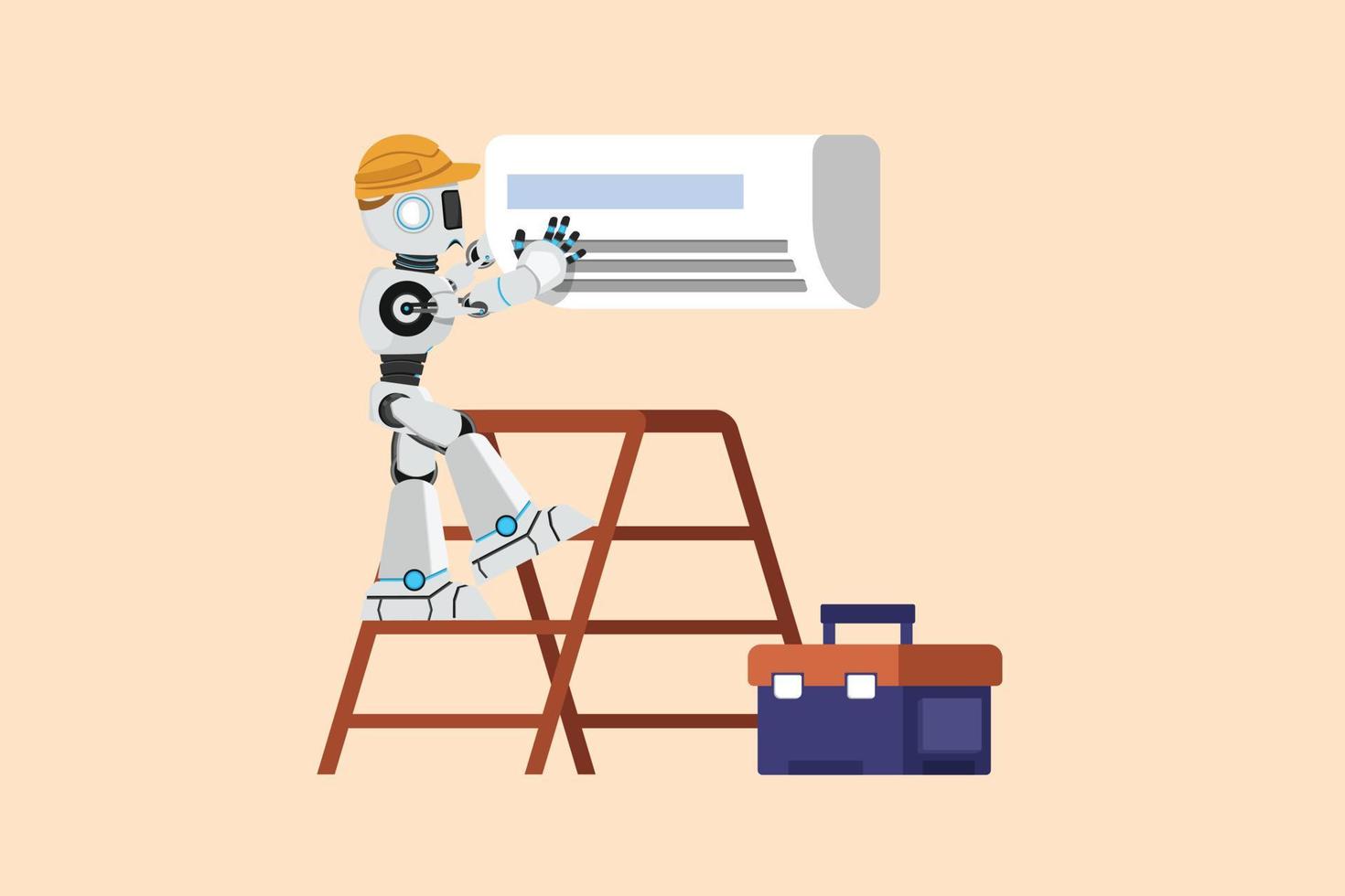 técnico de reparación de robot de dibujo plano de negocios que repara el acondicionador de aire. Reparación de equipos de aire acondicionado. organismo cibernético humanoide. futuro desarrollo robótico. ilustración vectorial de diseño de dibujos animados vector