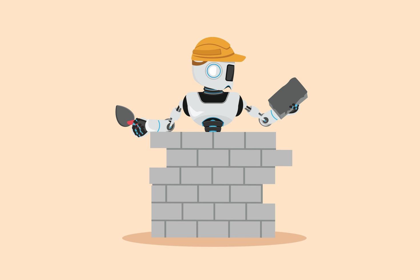 negocio plano dibujos animados estilo dibujo robot reparador edificio pared de ladrillo. trabajador de la construcción con casco. concepto de constructor. servicios de reparación inteligencia artificial. ilustración vectorial de diseño gráfico vector