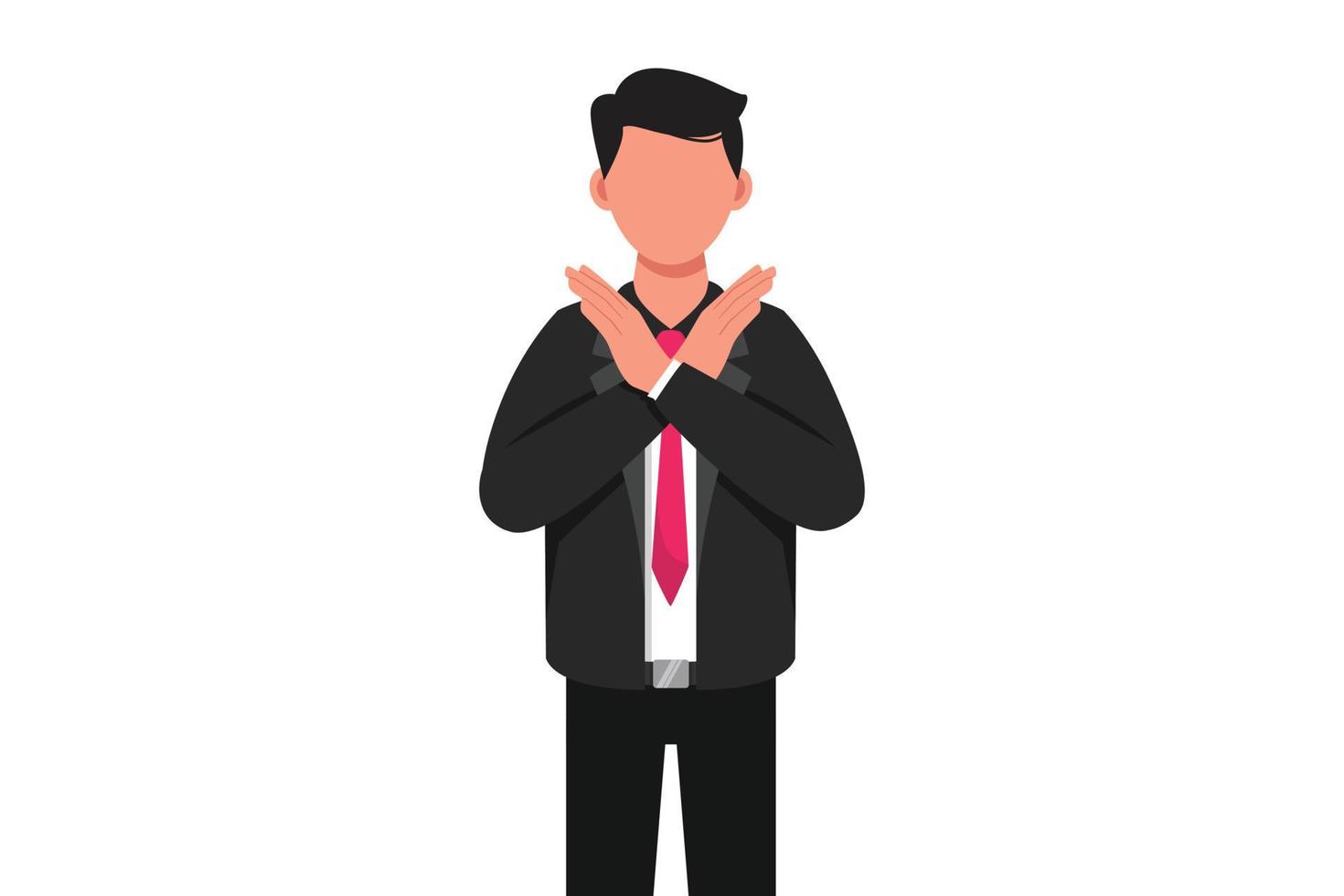 Business design drawing standing businessman with crossing arms and saying no gesture. Male manager making X shape, stop sign with hands and negative expression. Flat cartoon style vector illustration