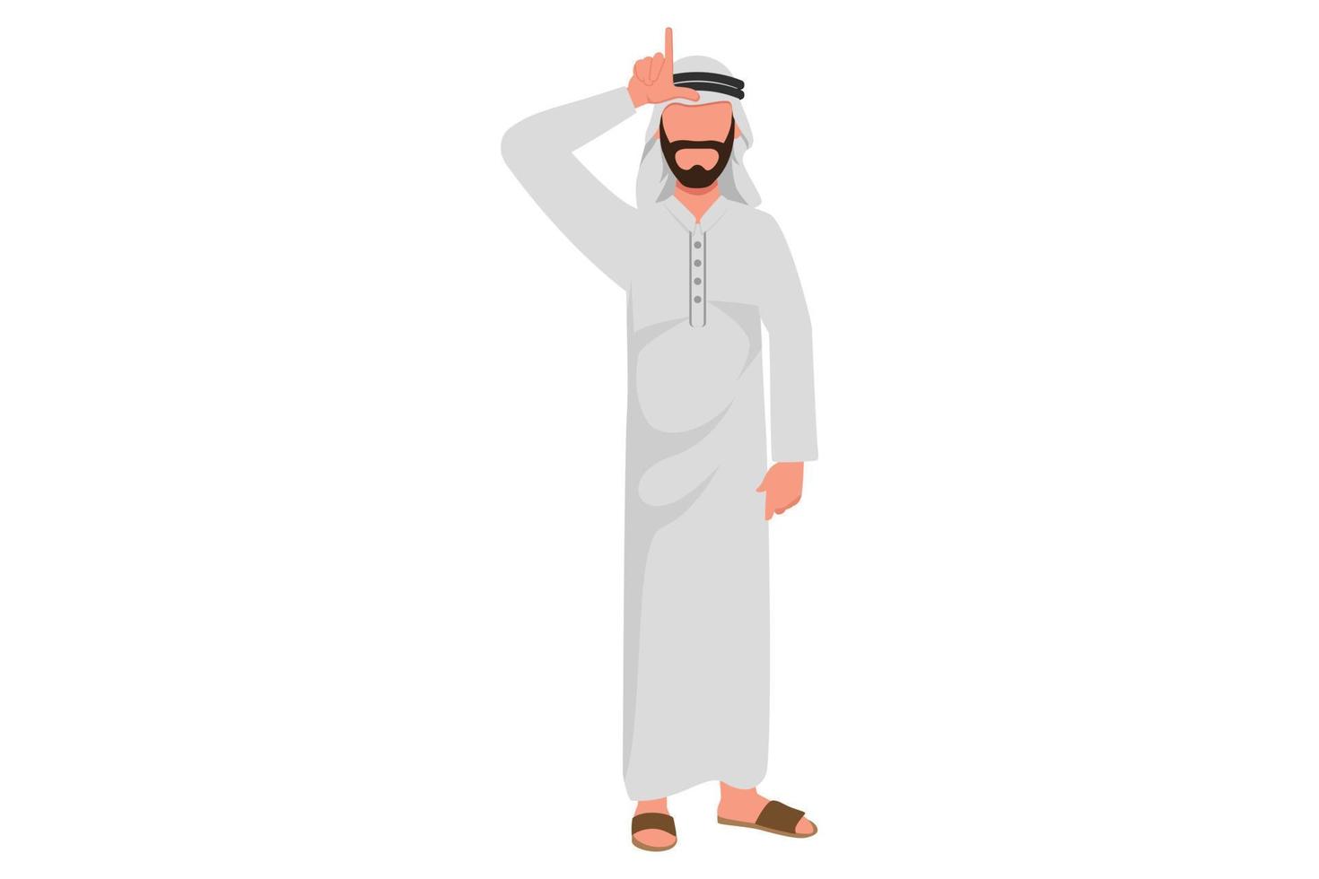 Business design drawing stressed Arabian businessman showing L sign on forehead with finger. Sad office worker making loser symbol by gesturing hand over head. Flat cartoon style vector illustration